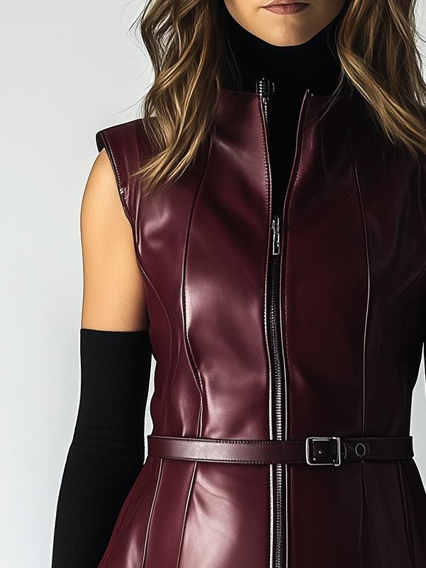 Chic Waist-cinched Stand Collar Leather Waistcoat