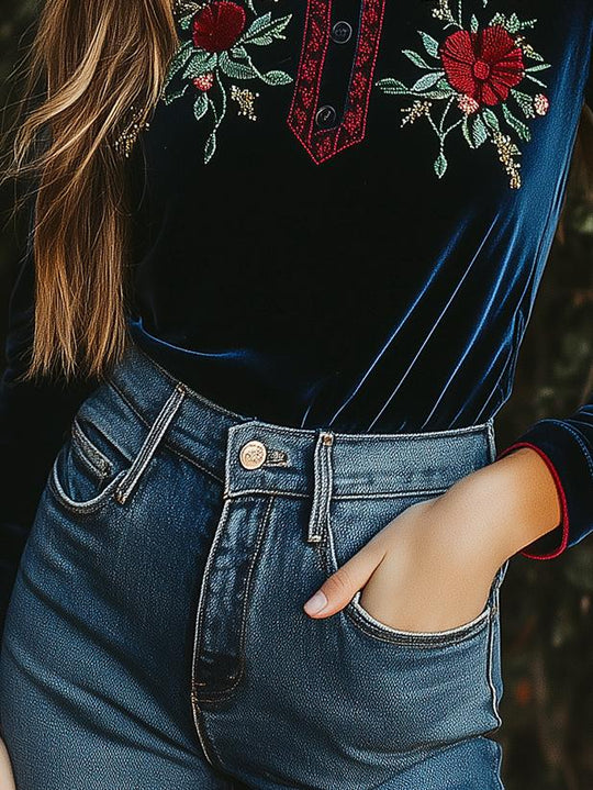 Stylish Stand Collar Embroidery Velvet Henley Shirt