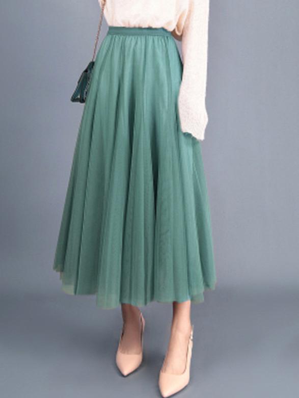 Elegant Elastic Waist Solid Color Chiffon Pleated A-Line Midi Skirt