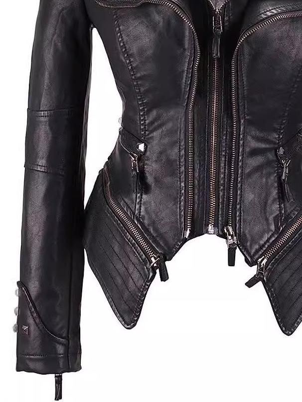 Stylish Waist-cinched Zipper Studded Leather Jacket