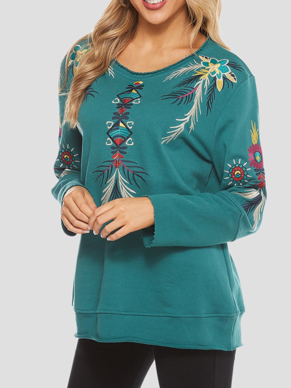 Stylish Round Neck Floral Embroidered Sweatshirt