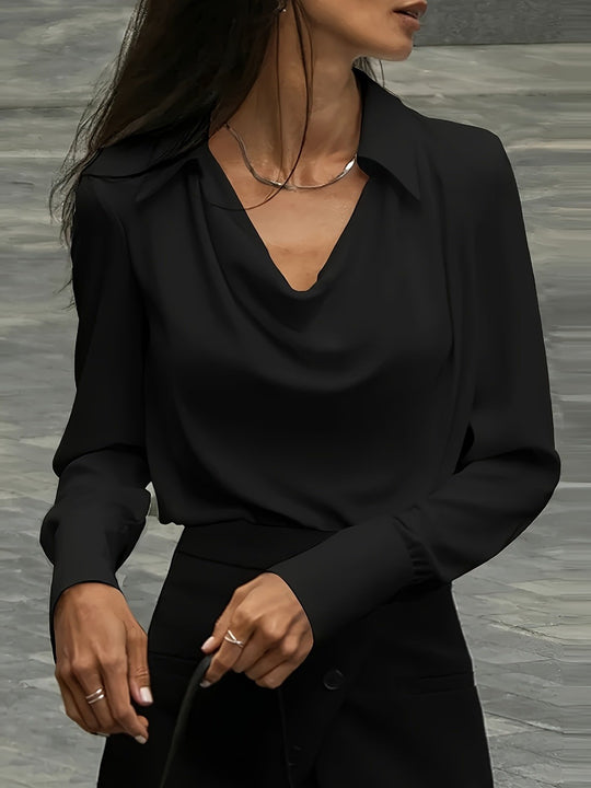 Stylish Slouchy Collar  Long Sleeve Solid Color Satin Shirt