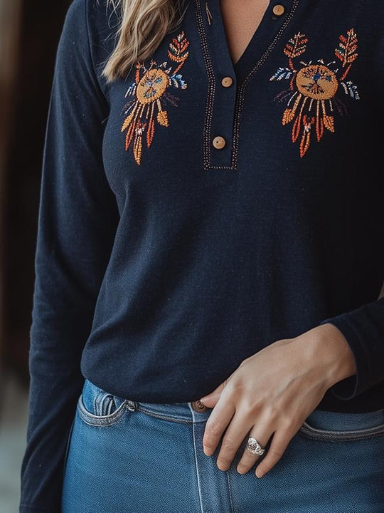 Boho Dreamcatcher Embroidery Long Sleeves Cotton T-shirt