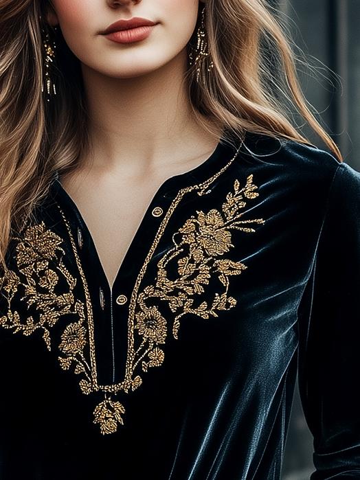 Women's V-neck Golden Embroidery Velvet Henley Shirt