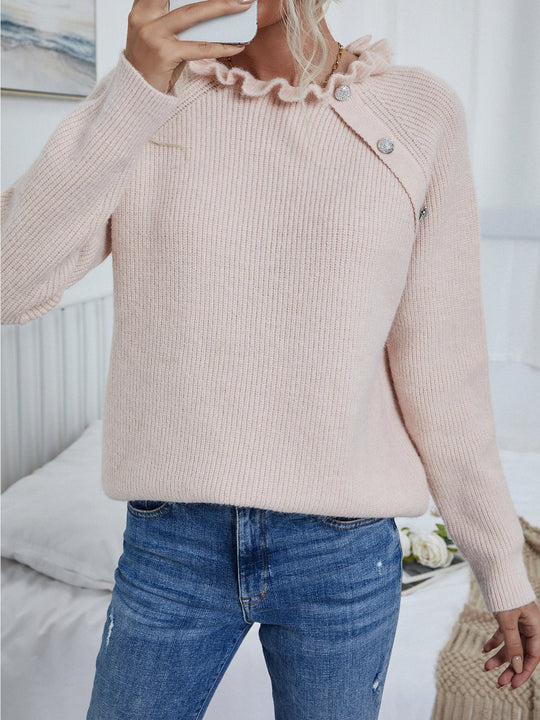 Elegant Ruffled Neck Knit Ribbed Texture Pullover Sweater