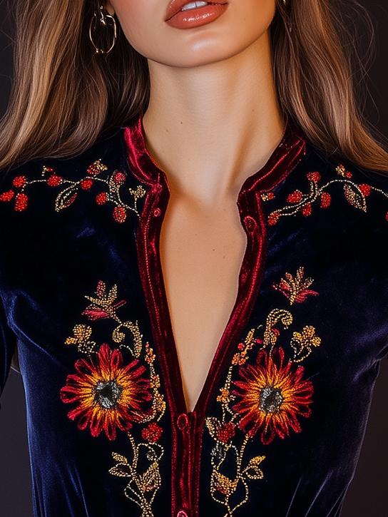 V-neck Boho Embroidery Constract Trim Velvet Shirt