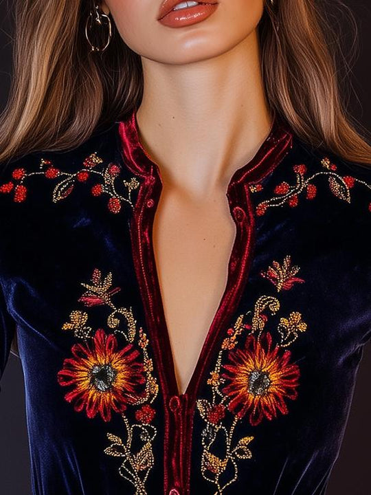 V-neck Boho Embroidery Constract Trim Velvet Shirt