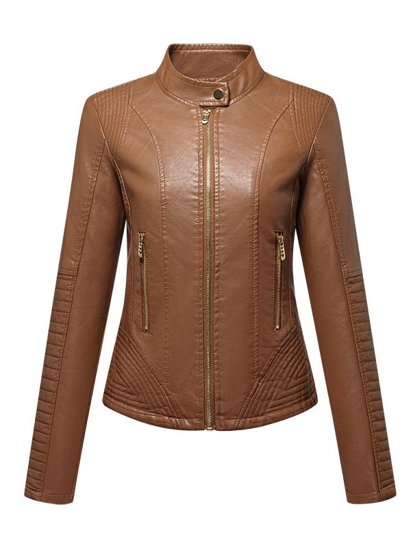 Women Sharp Stand Collar Slim Fit Leather Jacket