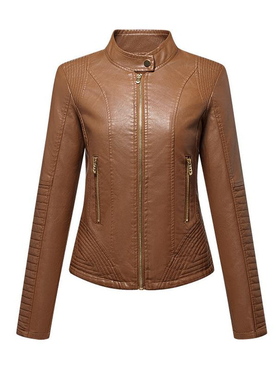 Women Sharp Stand Collar Slim Fit Leather Jacket