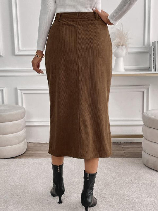 Elegant High Waist Corduroy Mid-length Skirt