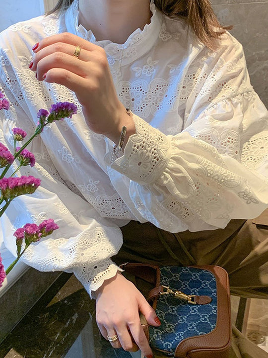 Stand Collar Long Sleeve White Embroidered Blouse