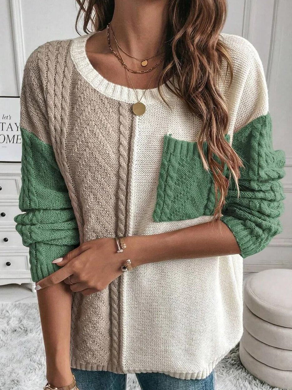 Stylish Color-Block Cable Knit Textured Pocket Sweater