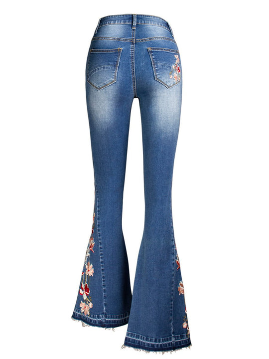 Handmade Embroidered Flower Slim-fit Flare Jeans