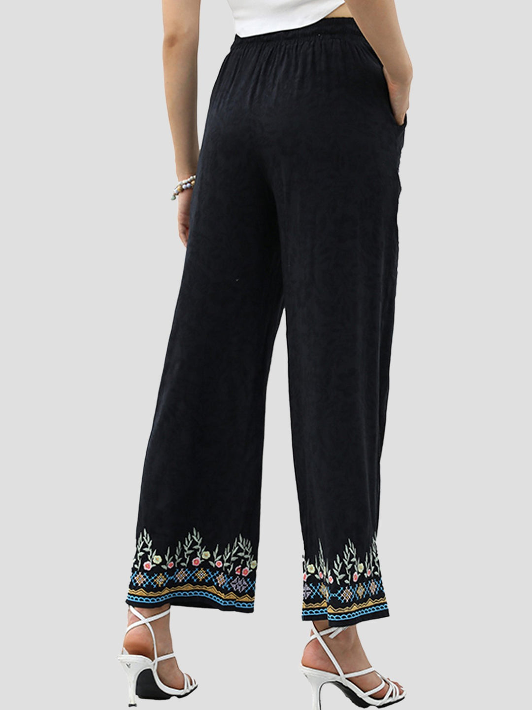 Elegant Floral Embroidered Elastic Waist Straight-leg Pants