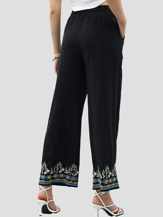 Elegant Floral Embroidered Elastic Waist Straight-leg Pants