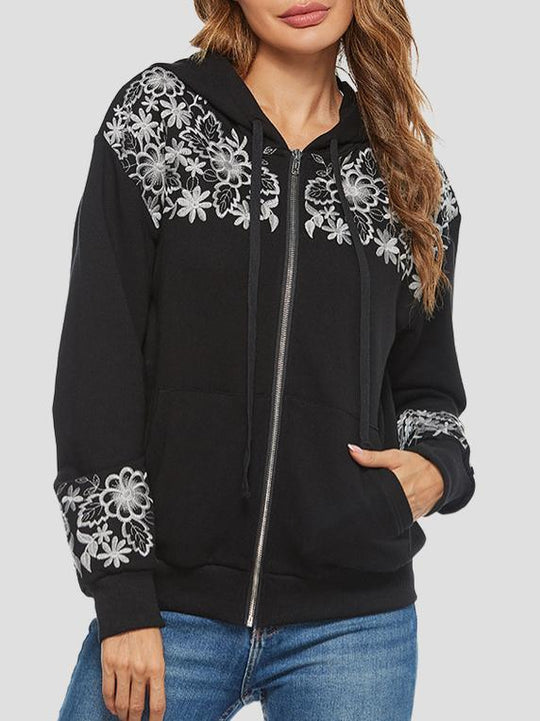 Chic Floral Embroidered Zipper Hooded Jacket