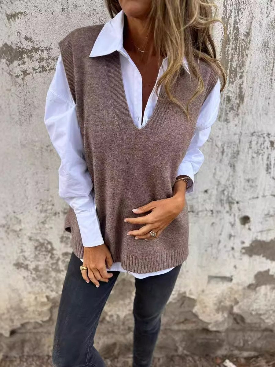 Women Casual V-Neck Solid Color Knitted Vest