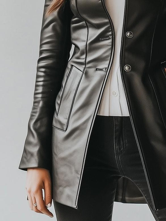 Stylish Stand Collar Waist-cinched Leather Trench Coat