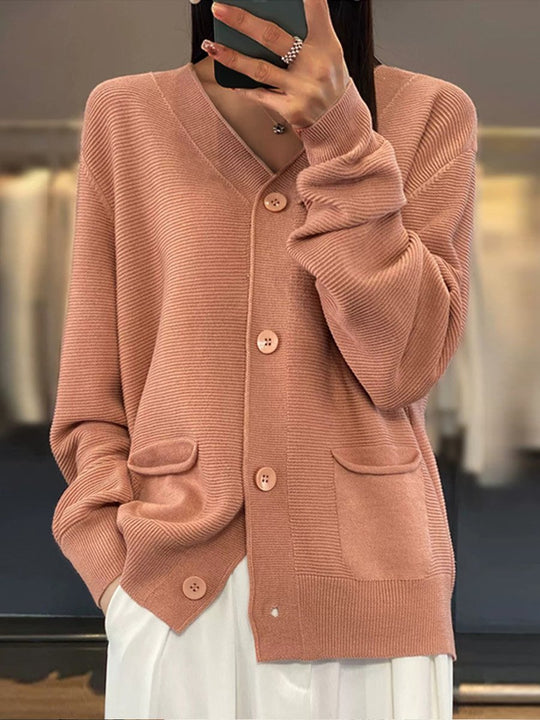 Pocket Solid Color V-Neck Knitted Cardigan