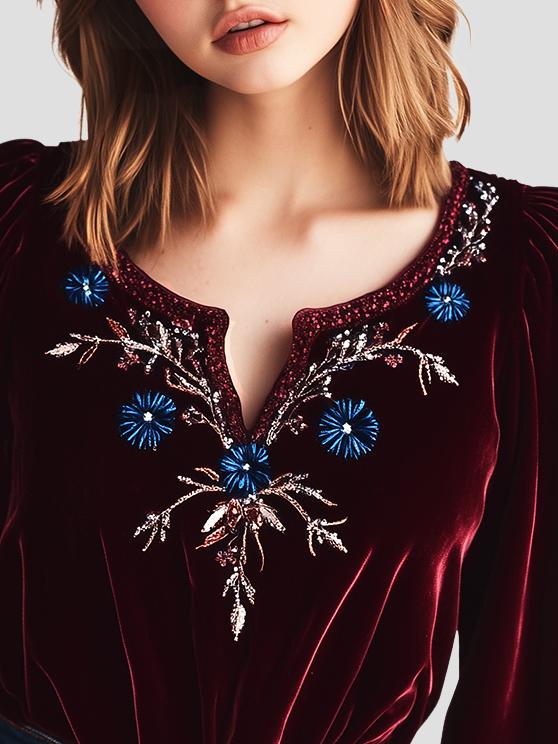 Chic V-neck Blue Floral Embroidery Loose Velvet Blouse