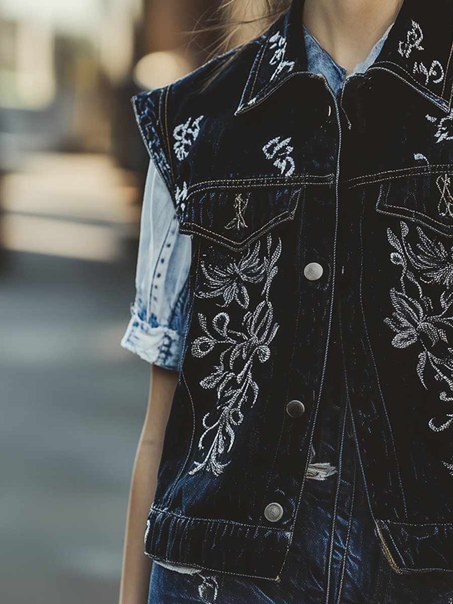 Midnight Embroidery Denim Vest