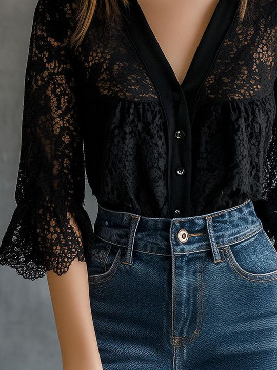 Chic V-neck Single-breasted Ruffled Cuffs Lace Shirt