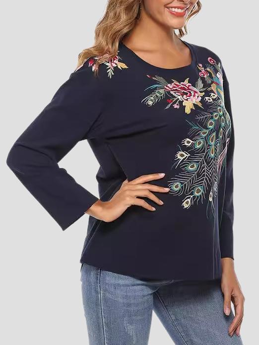 Elegant Peacock and Floral Embroidered T-shirt