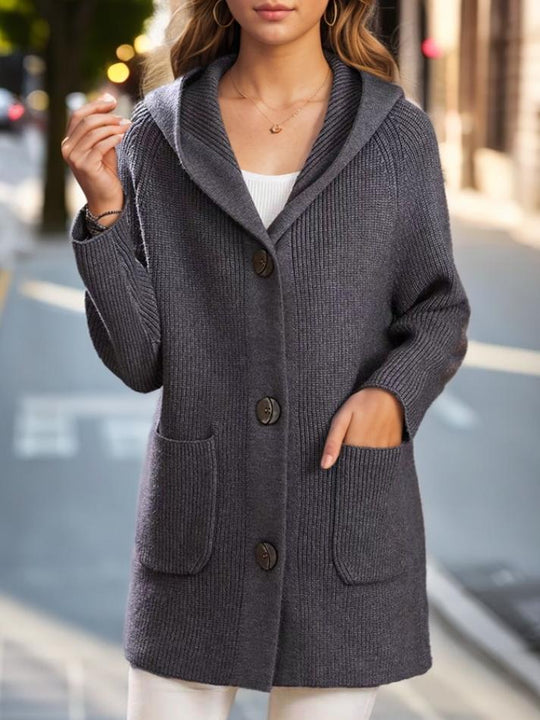 Solid Color Thick Knitted Mid-length Hooded Cardigan Coat