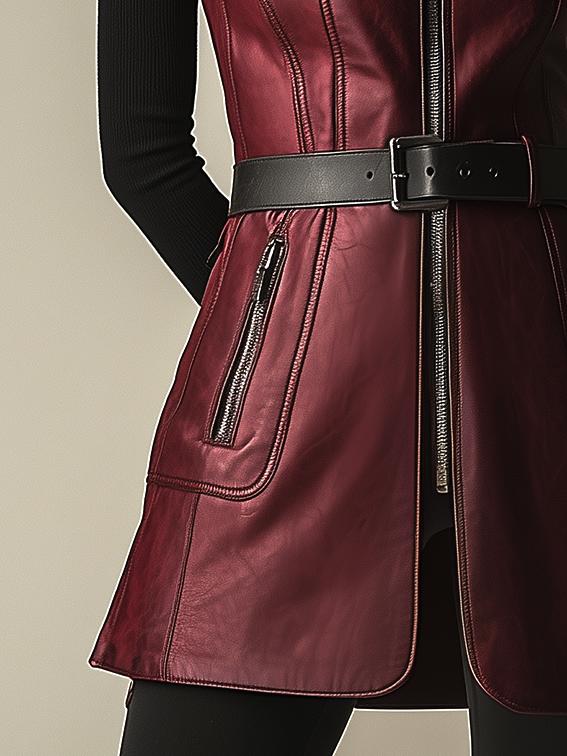 Women Waist-cinched Zipper-up Leather Long Vest