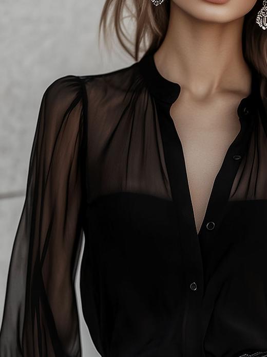 Chic Crew Neck Sheer Sleeves Button Down Shirt