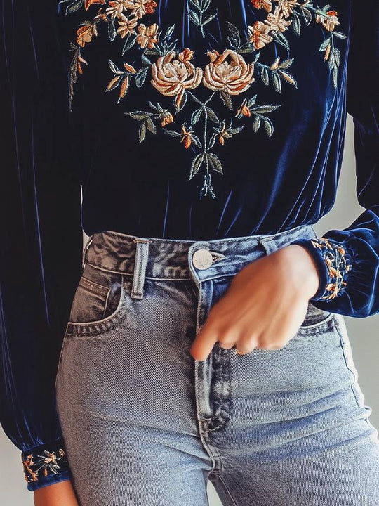 Elegant Mock Neck Floral Embroidery Velvet Blouse