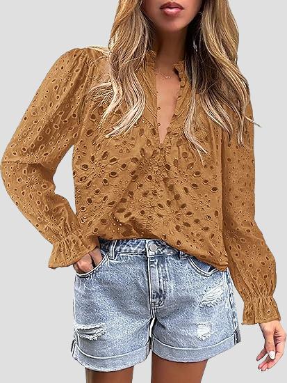 Elegant Half-open Hollow-out Lace Puff Sleeves Blouse