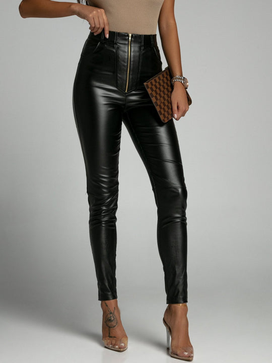 Chic Zipper-up Slim Fit PU Leather Leggings