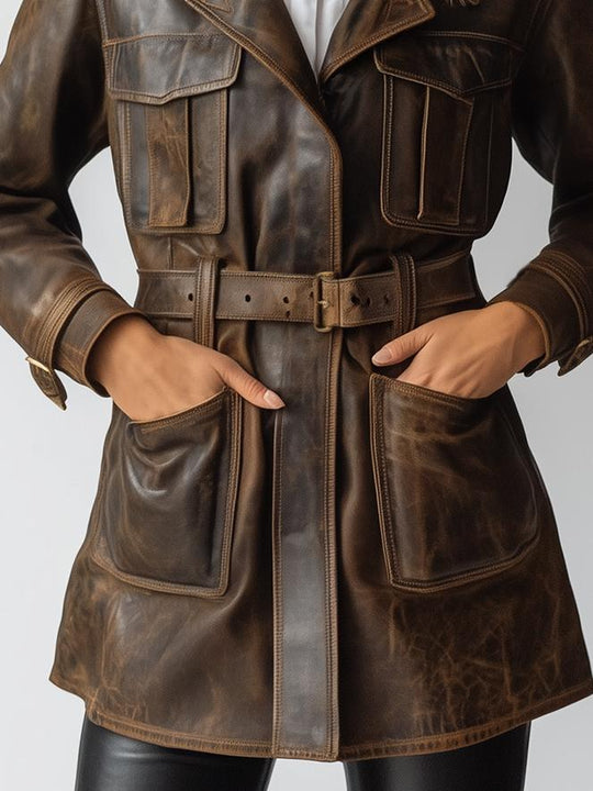 Vintage Multiple Pockets Windproof Leather Trench Coat