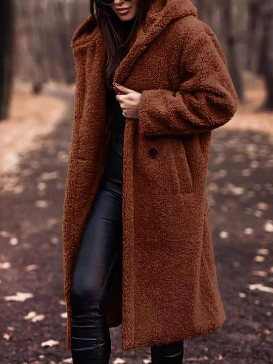 Stylish Loose-fit Hooded Mid-length Teddygirl Fleece Coat