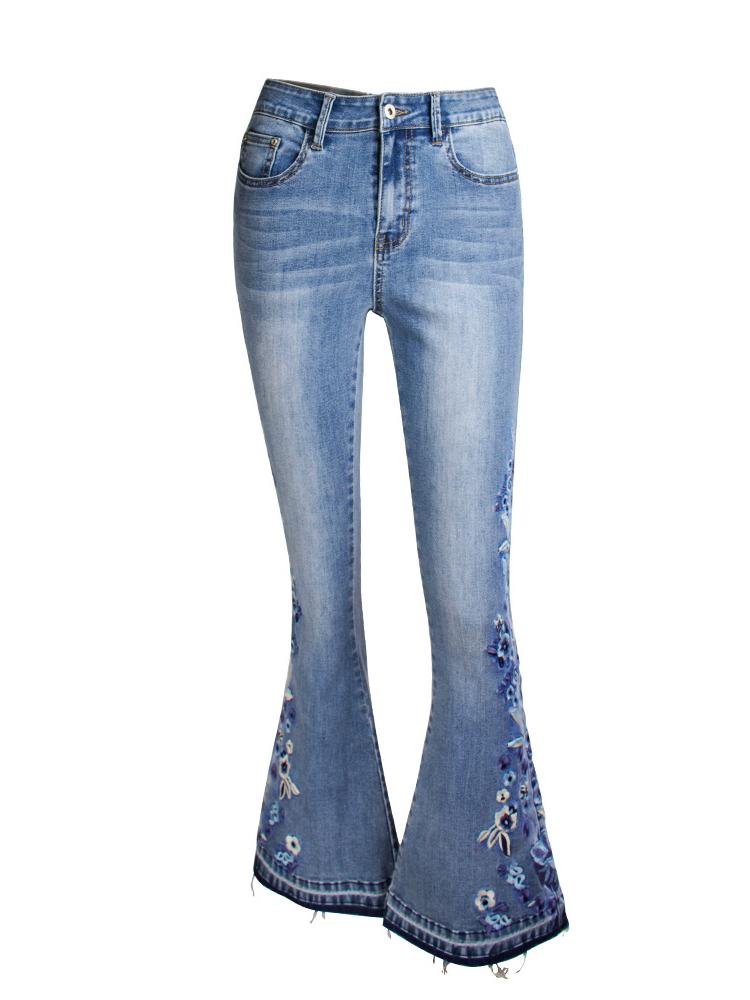 Chic Handmade Embroidered Flower Slim-fit Flare Jeans