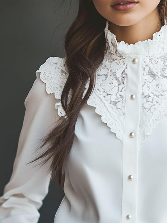 Retro Lace Patchwork Pearl Buttons Chiffon Shirt