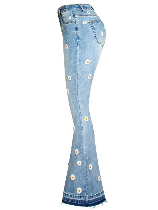 Chic Daisy Embroidered Slim-fit Flared Jeans