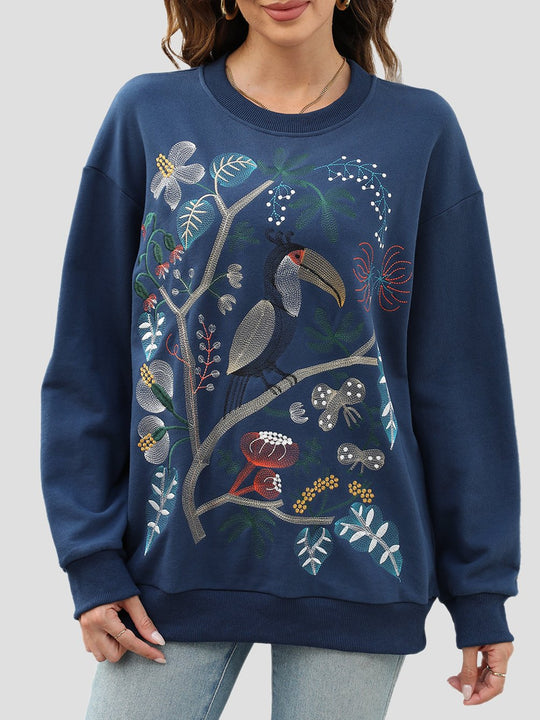 Floral and Bird Embroidered Ribbed Loose-Fitting Sweatshirt