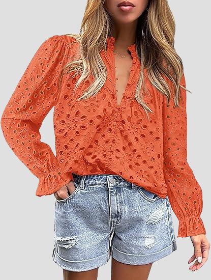 Elegant Half-open Hollow-out Lace Puff Sleeves Blouse