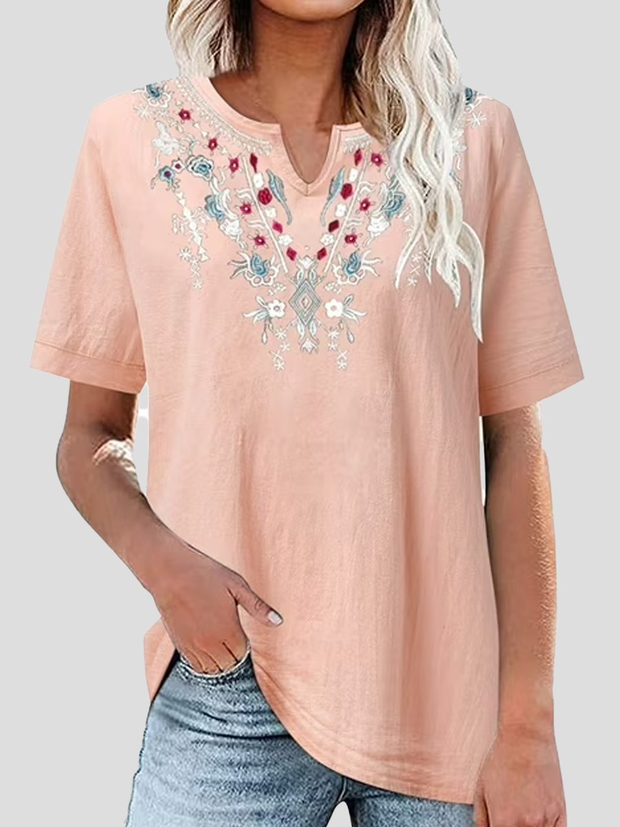 Cotton Linen Embroidered V-Neck Short Sleeve T-Shirt