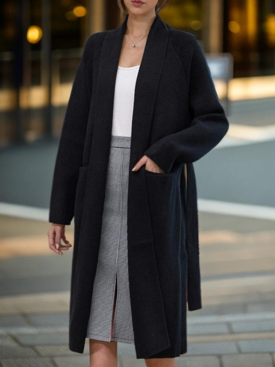 Shawl Collar Belt Pockets Knitted Cardigan Long Coat