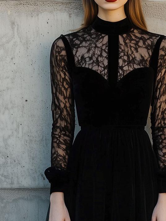 Elegant Mock Neck Lace Patchwork Black Midi Dress