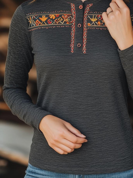 Boho Handmade Embroidery Long Sleeves Cotton T-shirt