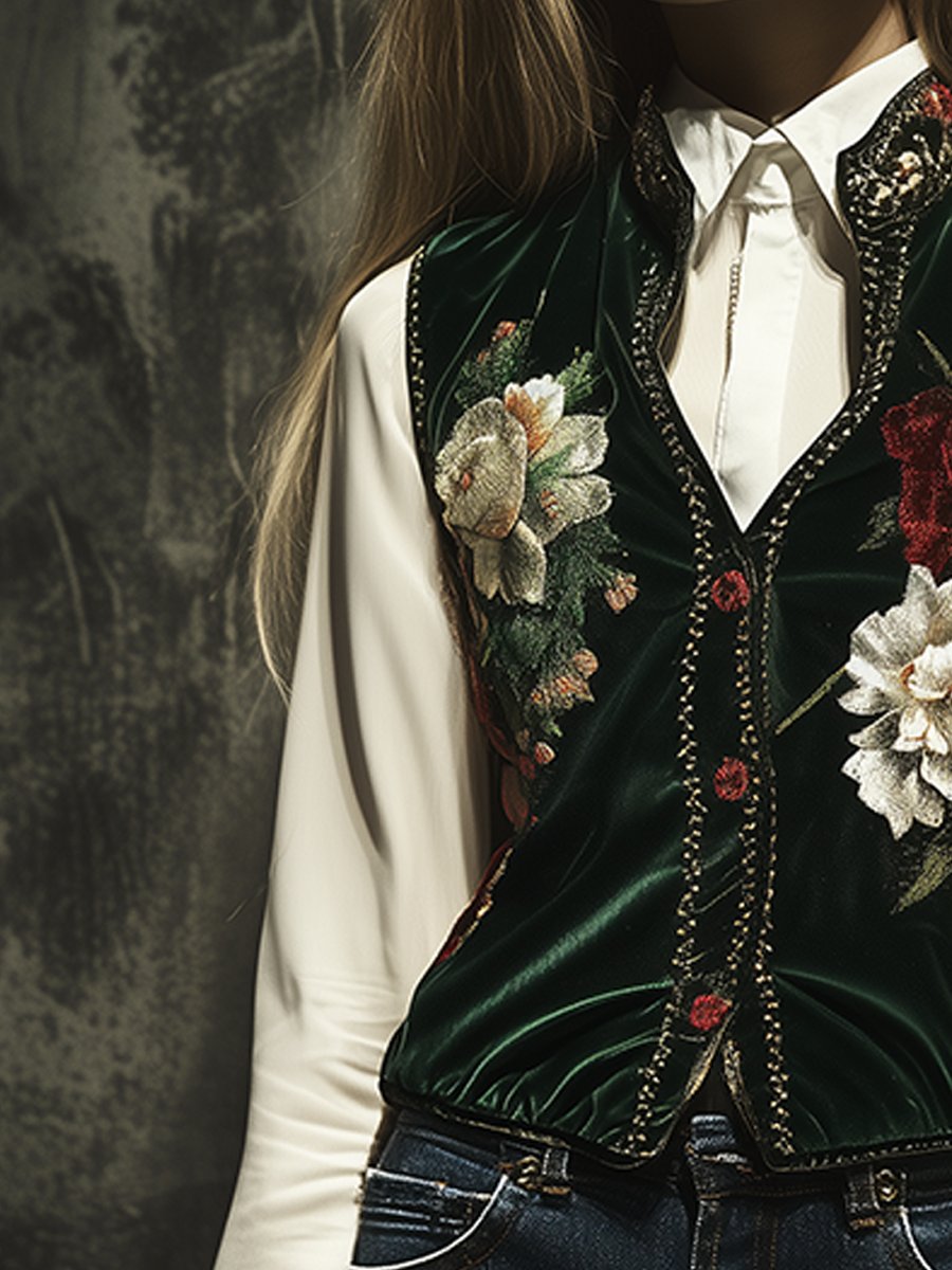 Elegant Green Velvet Floral Embroidered Vest