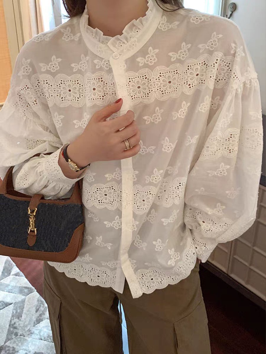 Stand Collar Long Sleeve White Embroidered Blouse