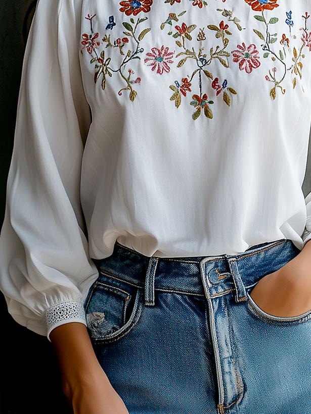 Boho Round Neck Lace Trim Embroidery Blouse