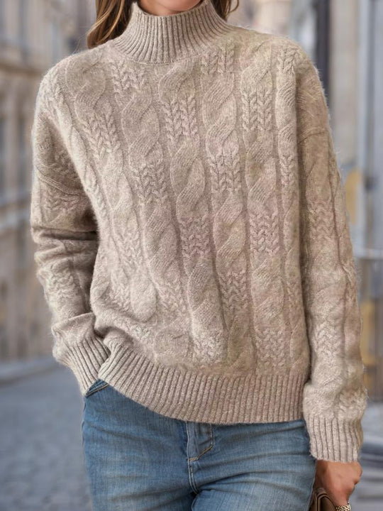 Retro Mock Neck Cable Knit Solid Color Pullover Sweater