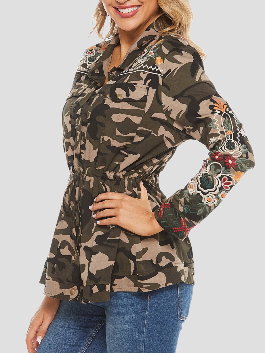 Handmade Embroidered Drawstring Waist Camouflage Shirt Jacket