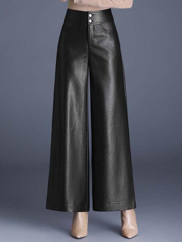 Chic Solid Color High Waist Wide-leg Leather Pants